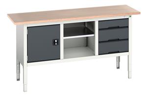 verso adj. height storage bench (mpx) with cupboard / mid shelf / 3 drawer cab. WxDxH: 1750x600x830-930mm. RAL 7035/5010 or selected Verso Height Adjustable Work Storage and Packing Benches